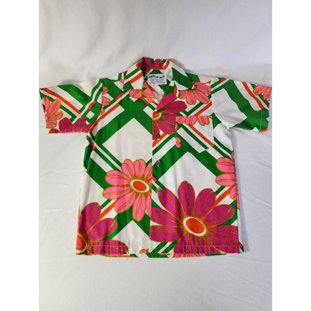 Vintage Girls Hawaiian Shirt Anela Mai Pink Flowers Green Button Down Hawaii